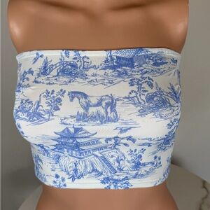 Edikted Blue and White Strapless Crop Top